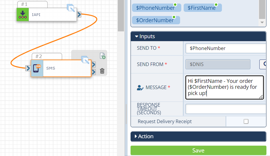 The Send SMS action connected to the Inbound API trigger and sample Send SMS Inputs in the Configurations Panel